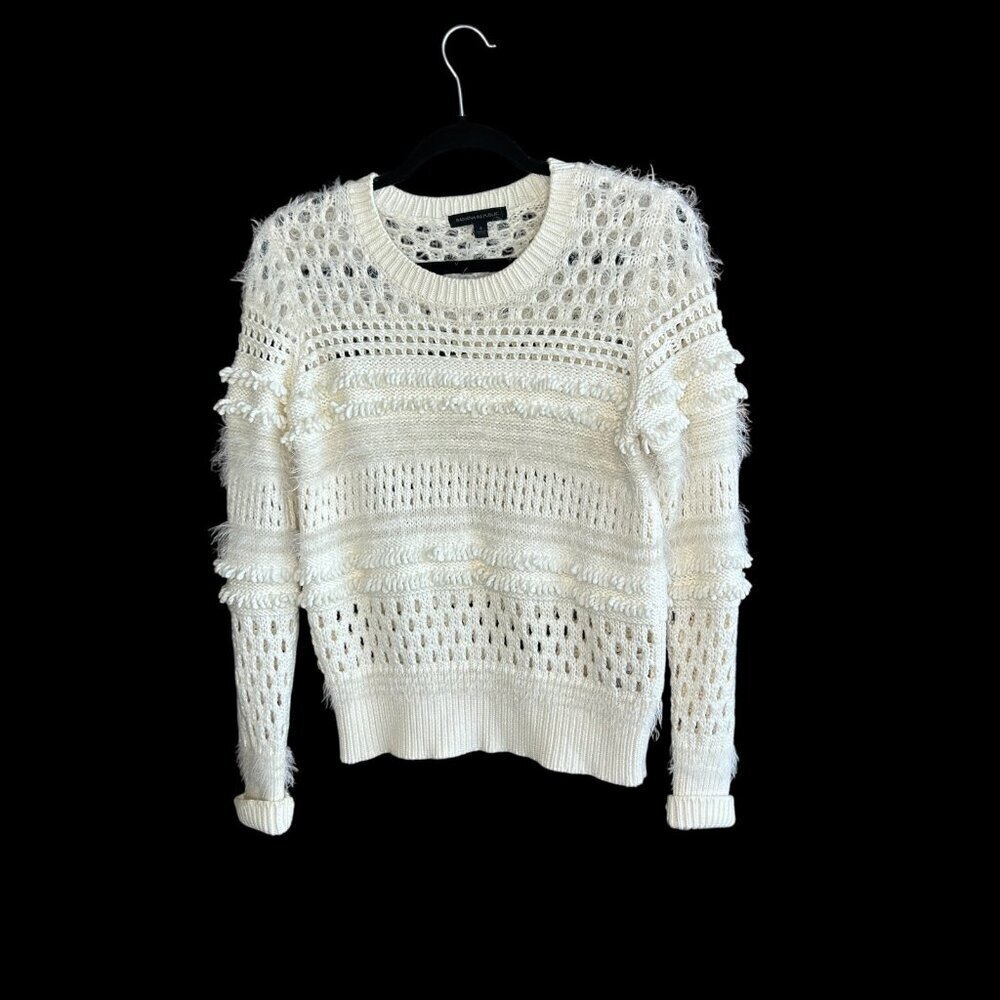 Banana Republic Ivory Sweater Eyelash Fringe Open Crochet Knit Size Small - Picture 2 of 8